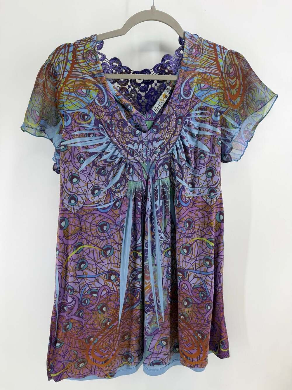 Unity World Wear Whimsygoth Purple Lace Rhinestone Tunic Top Size M